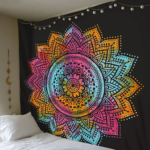 Black flower Mandala Tapestry Bohemian Hippie Wall Hanging Bedspread Throw BE